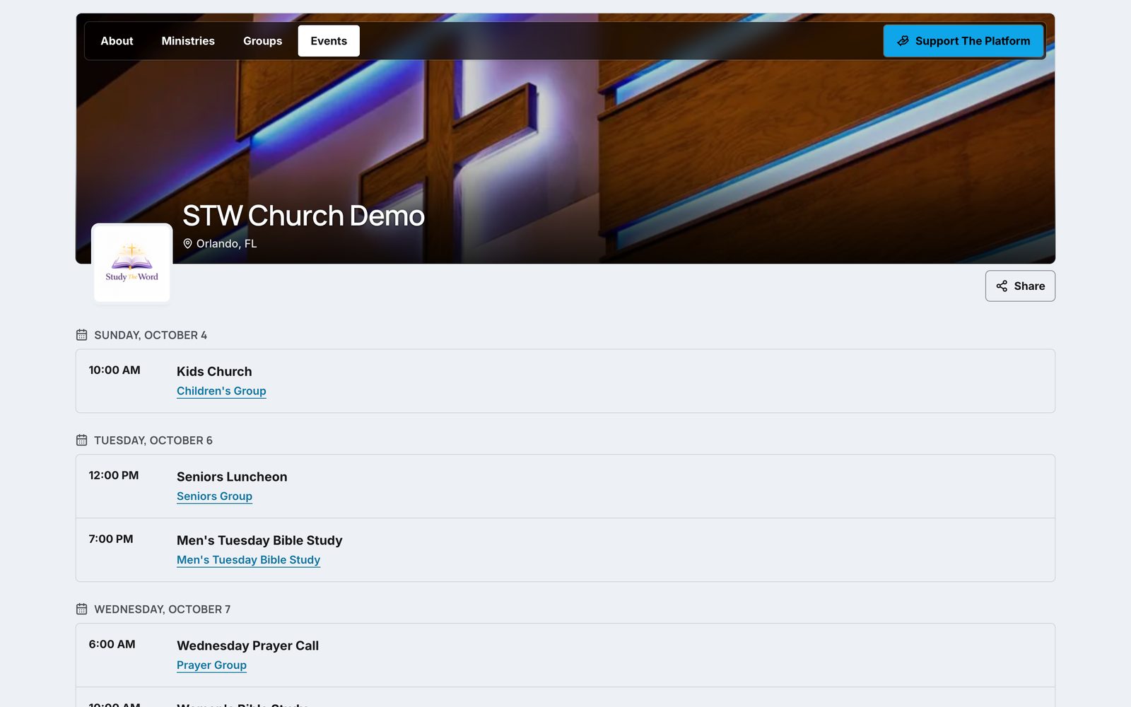 The Events tab of the STW Church Demo, listing upcoming events by date, such as Kids Church, Seniors Luncheon, and Men's Tuesday Bible Study, each linked to its group