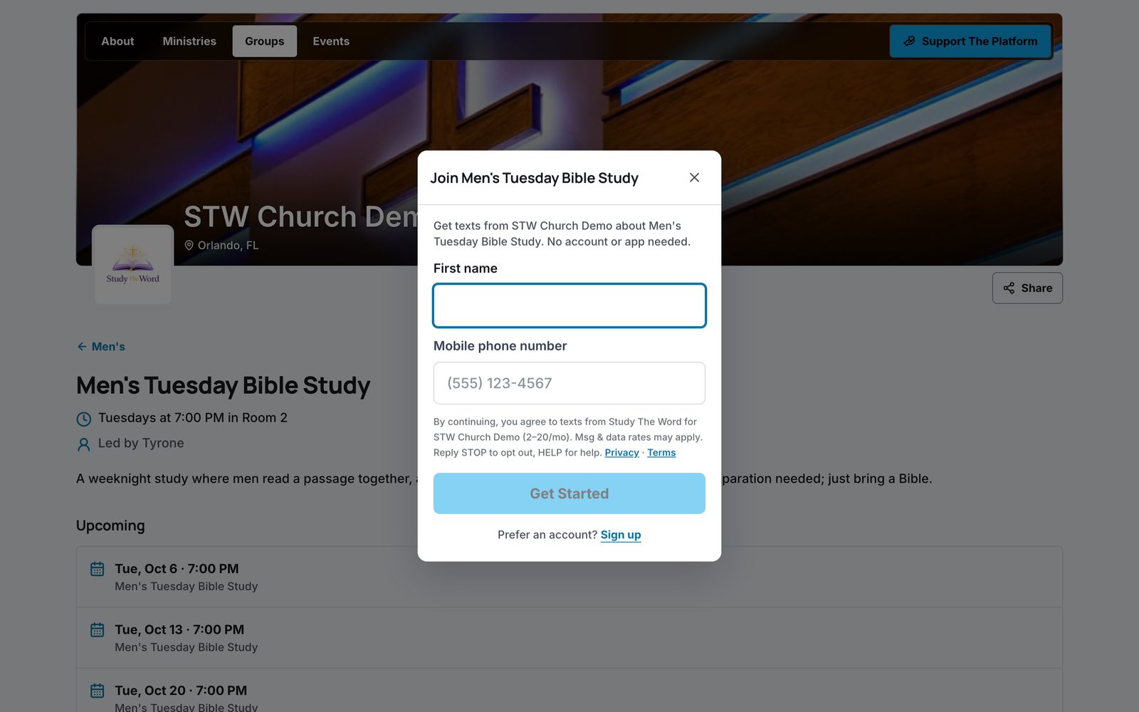 A demo group page for a Men's Tuesday Bible Study with the join dialog open, asking only for a first name and mobile number, with STOP and HELP opt-out language