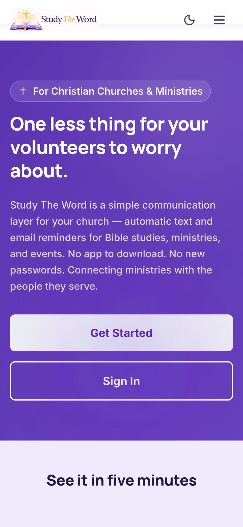 The Study The Word home page on a phone, with the headline One less thing for your volunteers to worry about