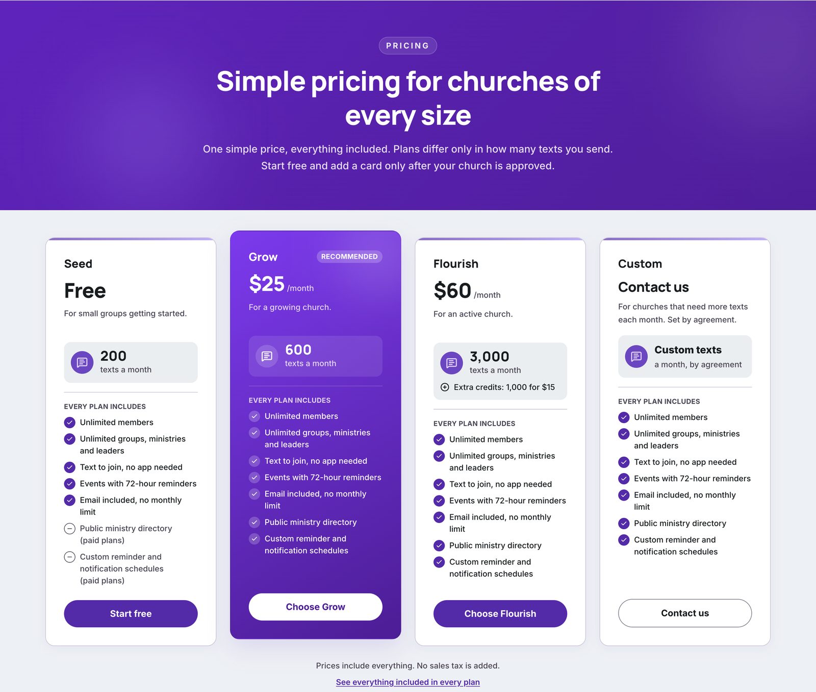 The Study The Word pricing page showing the Seed, Grow, Flourish, and Custom plans, each listing texts per month and the features included in every plan