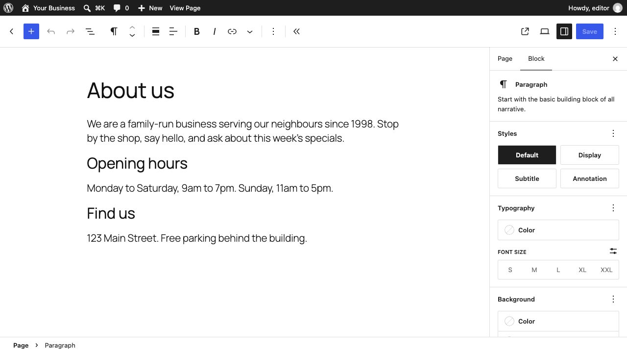 The WordPress editor, where you change the text and photos on your site